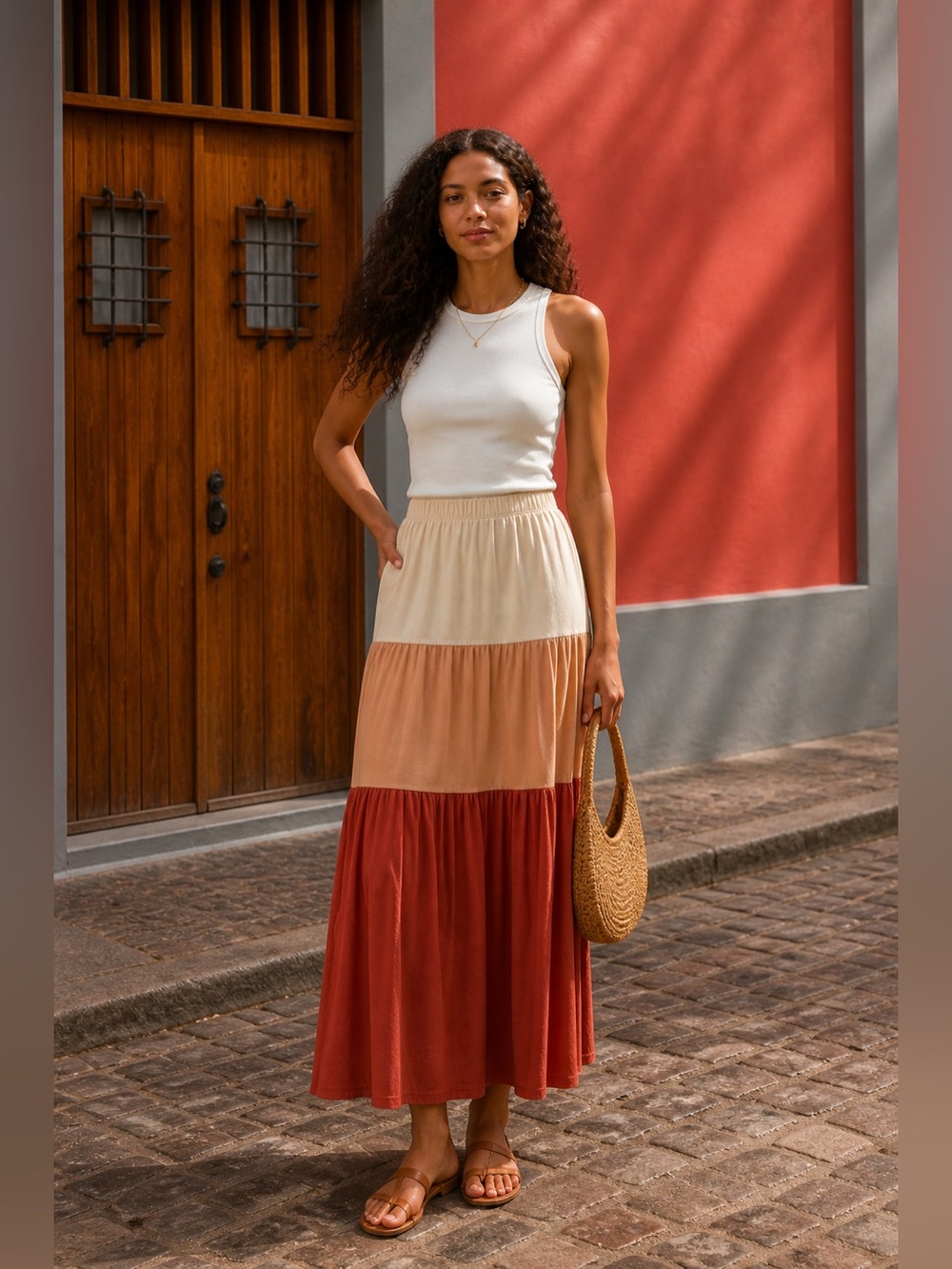 Downeast Tiered Maxi Skirt • size medium • rust peach cream